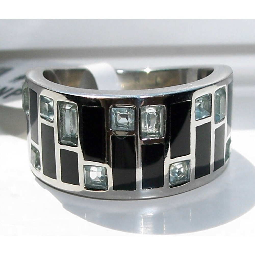 STAINLESS STEEL Sea Blue CZ Art Deco Band Ring - Picture 2 of 16